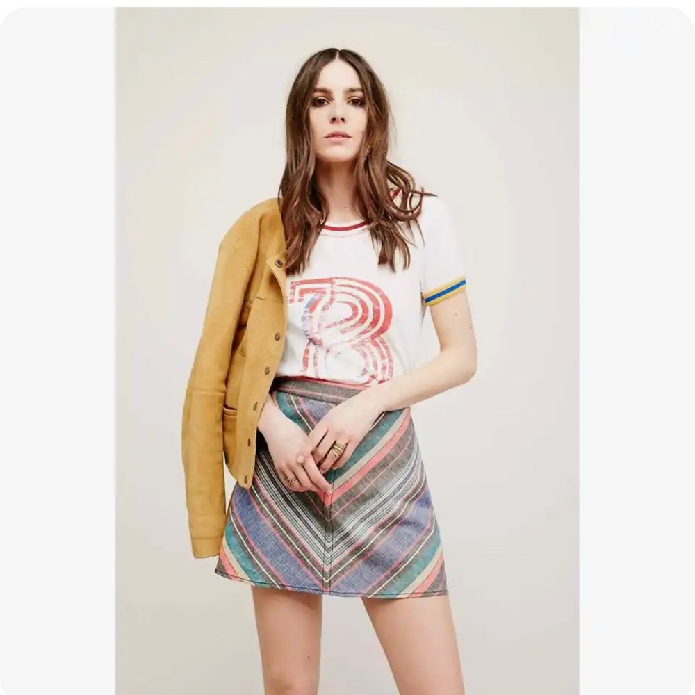 Free People Yours Truly Mini Skirt Size 0 Boho Western Multicolor Chevron Linen